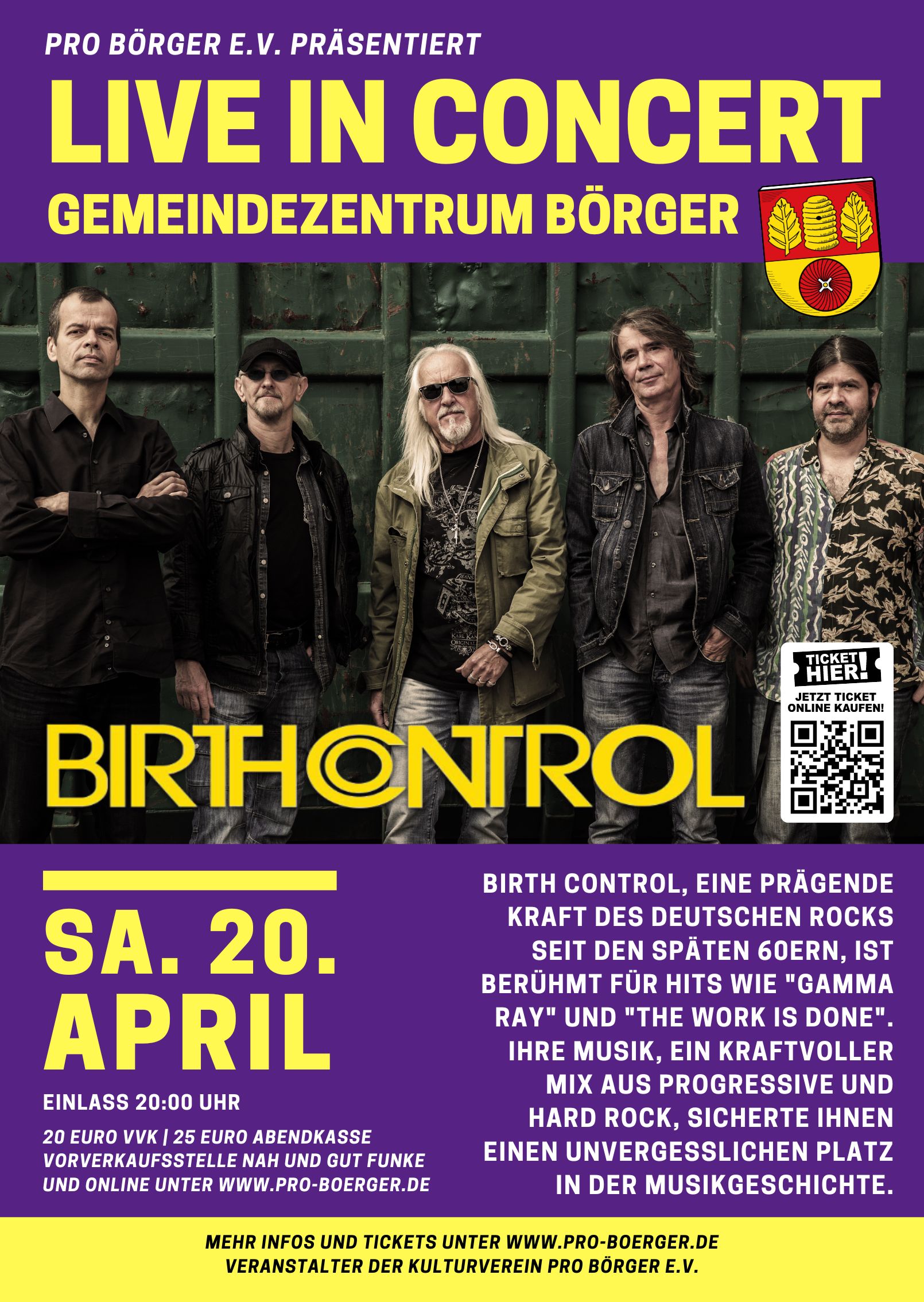 Plakat Live in Concert Birth Control im Gemeindezentrum Börger